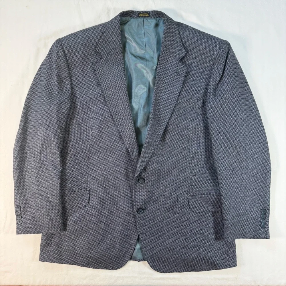 Silk Worsted Wool Blazer Sport Coat Grey Blue Stafford Men's Textured 2-Button
